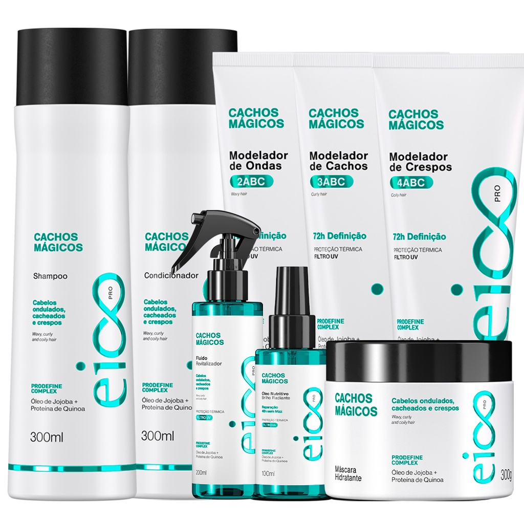 Kit Eico Pro Cachos Mágicos Shampoo Condicionador Máscara Leave-in Spray Fluído Óleo Nutritivo 6 Itens